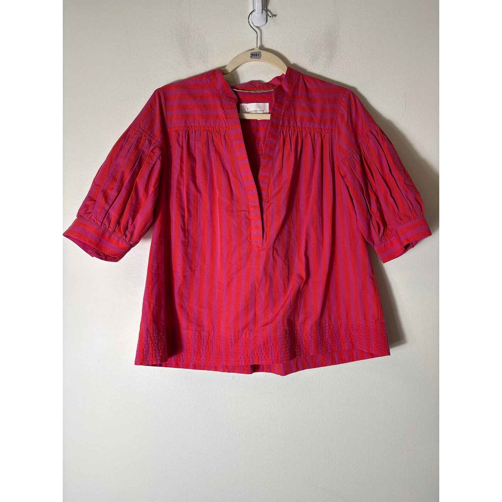 by Anthropologie Purple Red Stripe Half Puff Sleeve Tunic Sz S