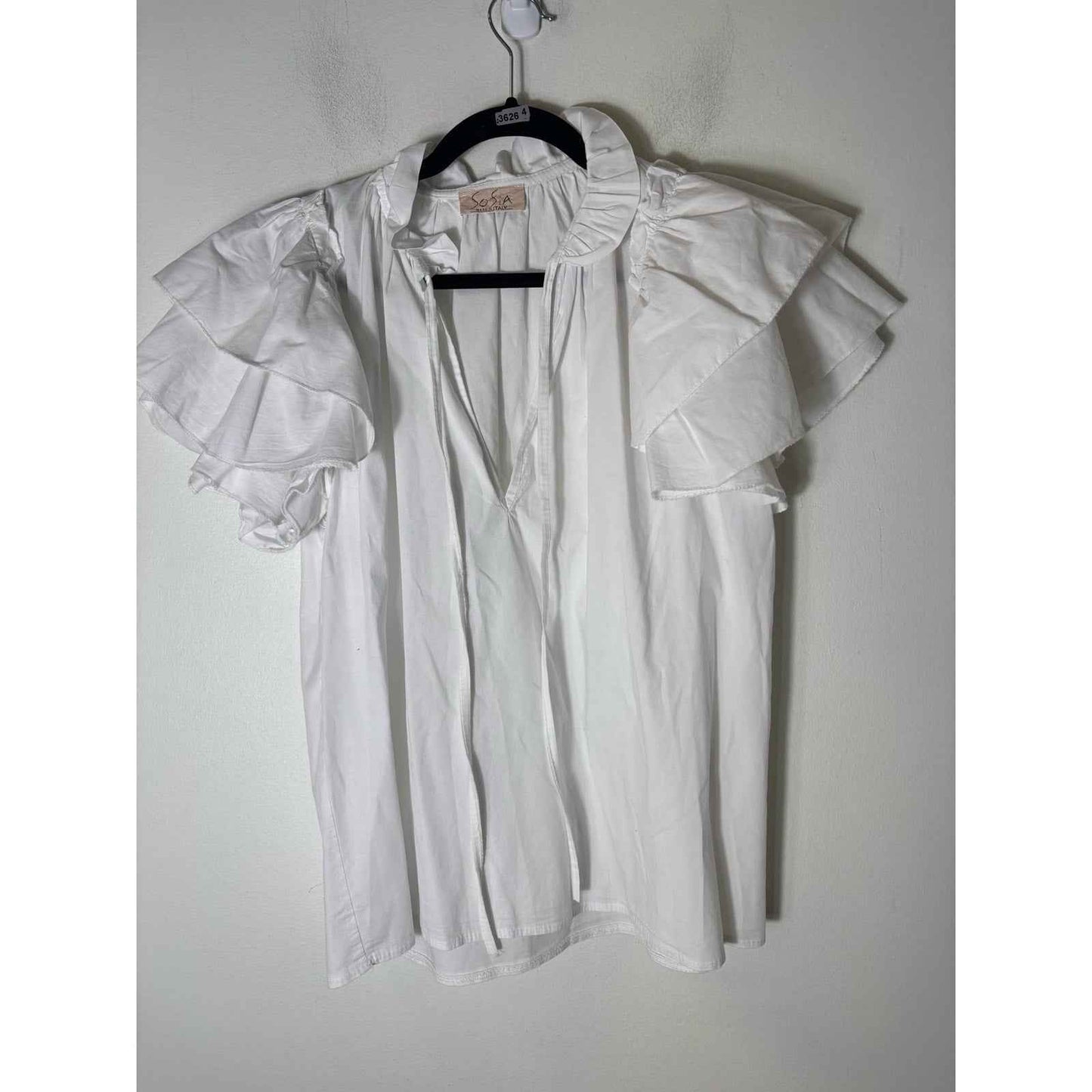 Sofia Made in Italy White V-Neck Flutter Sleeve Cotton Top Sz S