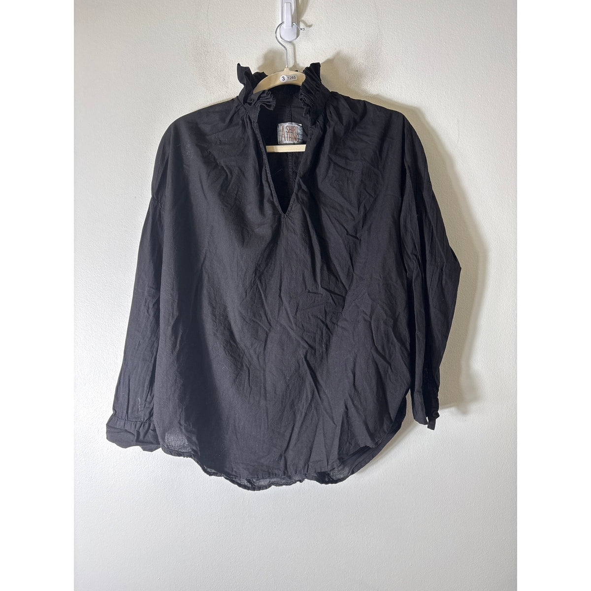 A Shirt Thing Black Long Sleeve Cotton Ruffle Collar Shirt Sz P