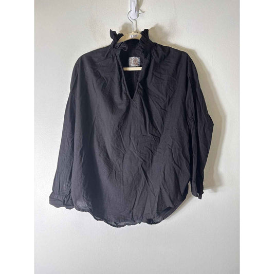 A Shirt Thing Black Long Sleeve Cotton Ruffle Collar Shirt Sz P