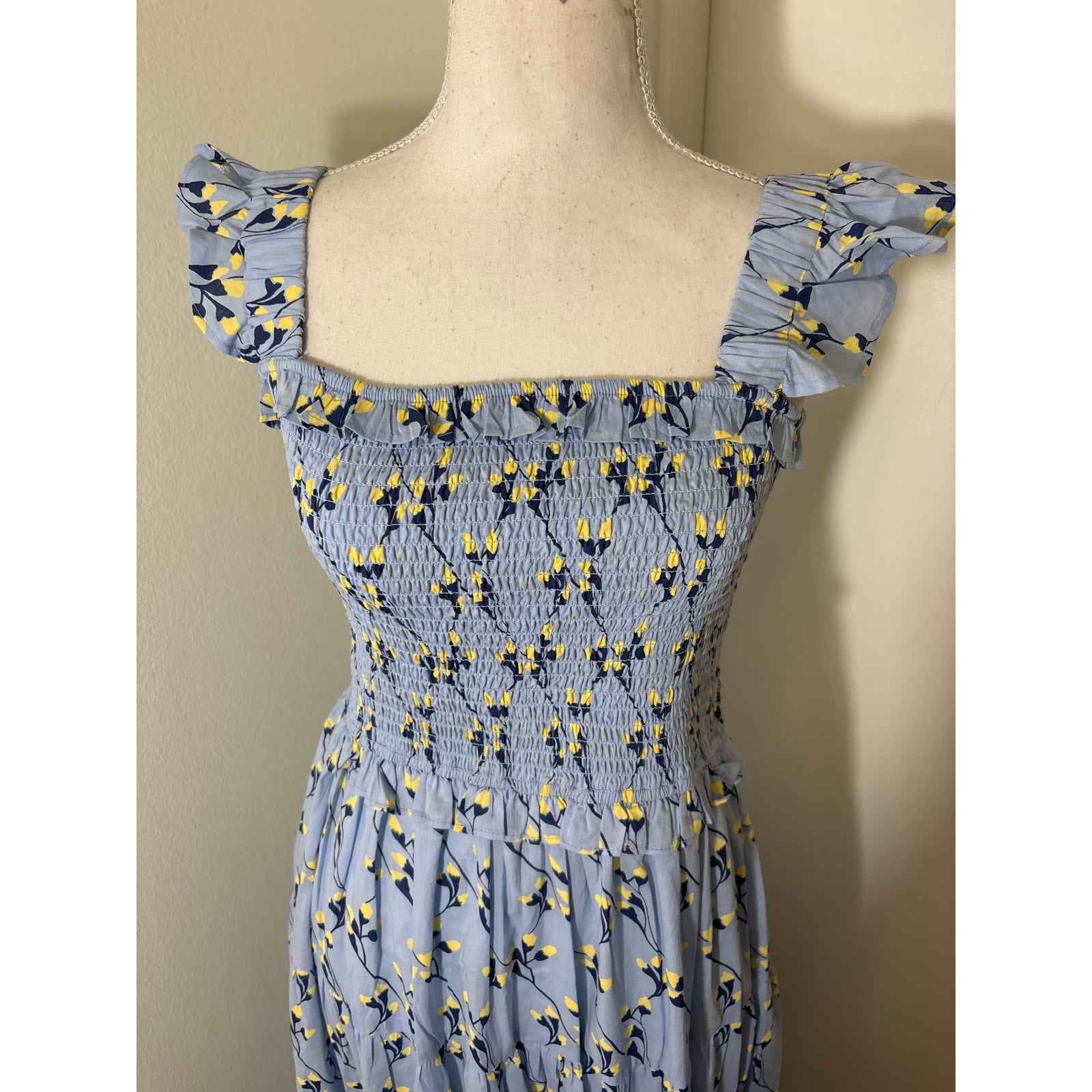 NWT Beyond by Vera Mia Blue and Yellow Smocked Bodice Midi Dress Sz S
