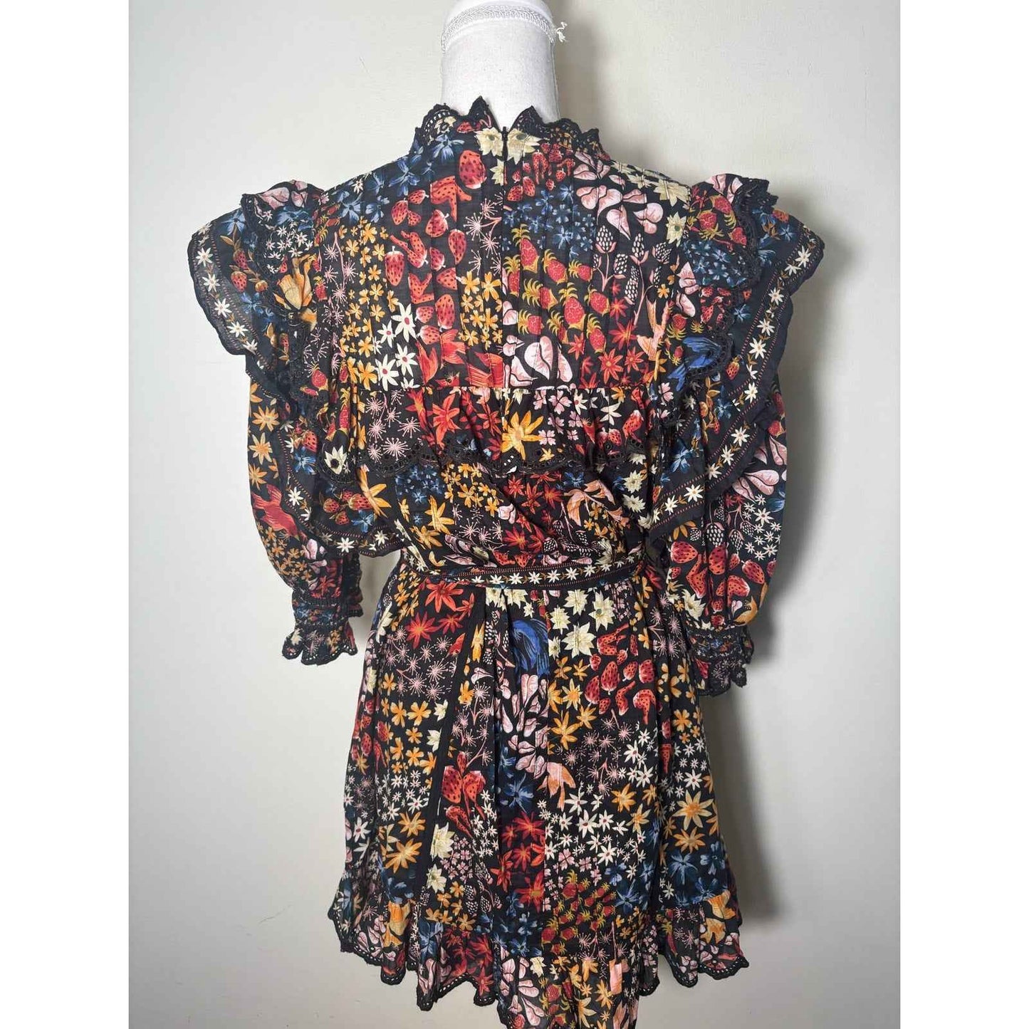 NWT Farmrio Black Floral Half Sleeve Back Zip Mini Dress Sz S