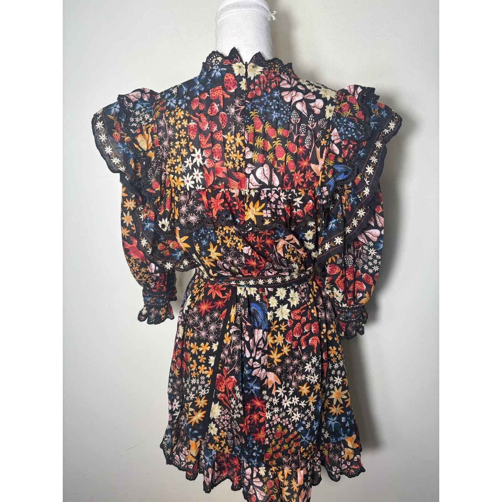 NWT Farmrio Black Floral Half Sleeve Back Zip Mini Dress Sz S