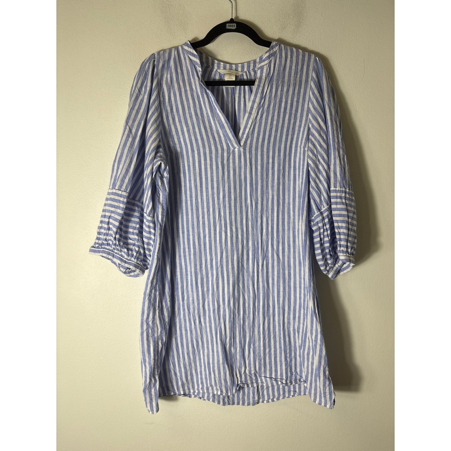 H&M Blue and White Stripe Long Sleeve V Neck Dress Sz S