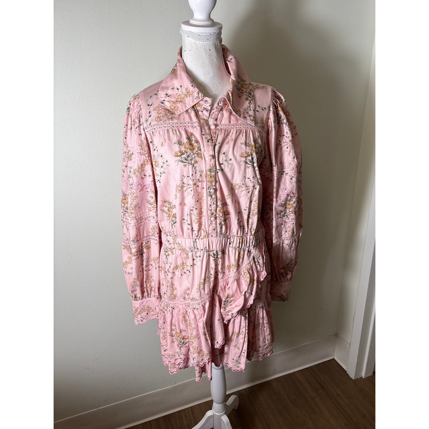 Love Shack Fancy Pink Floral Long Sleeve Knee Length Dress Sz XL