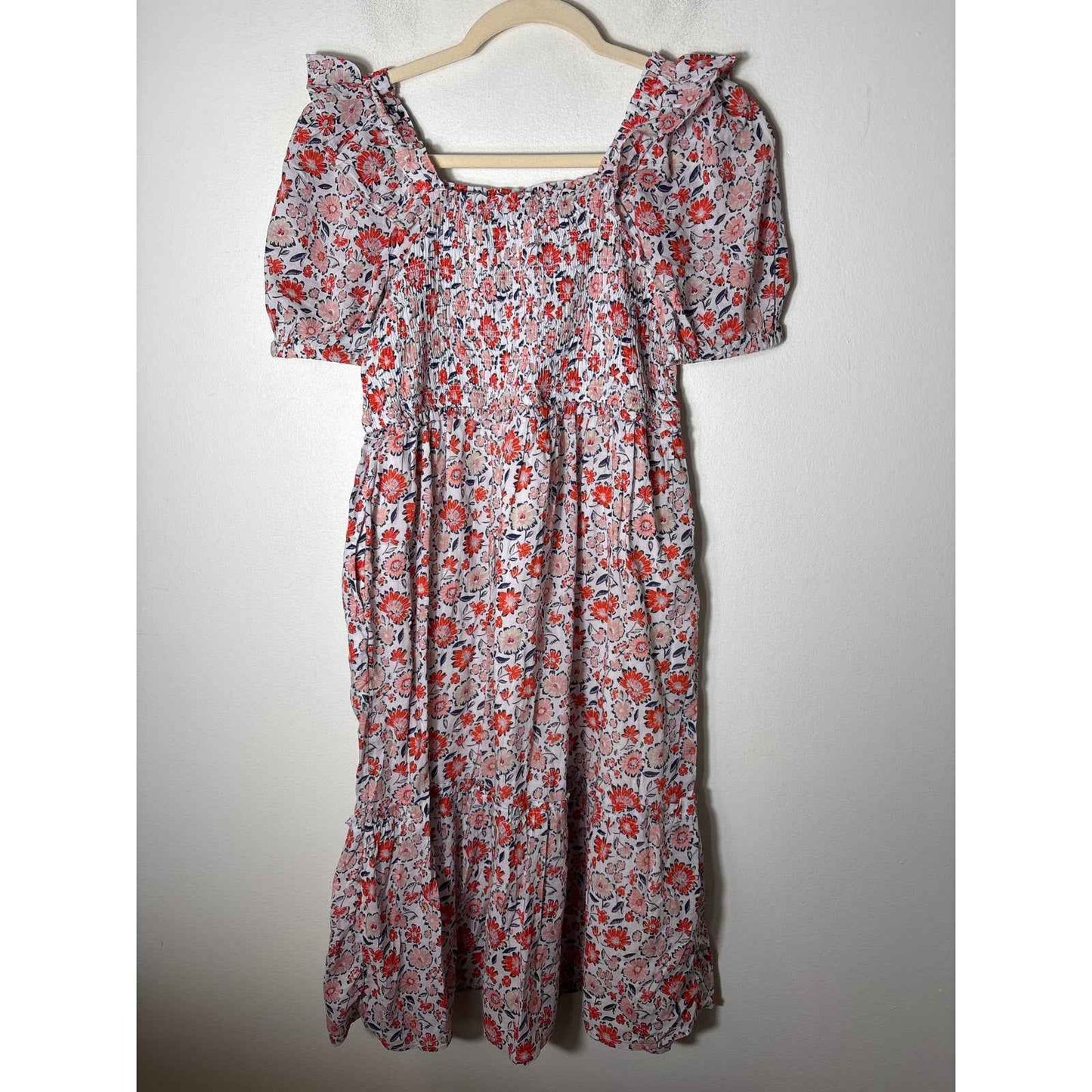 Vineyard Vines Orange Navy Floral Short Sleeve Cotton Smocked Dress Sz L