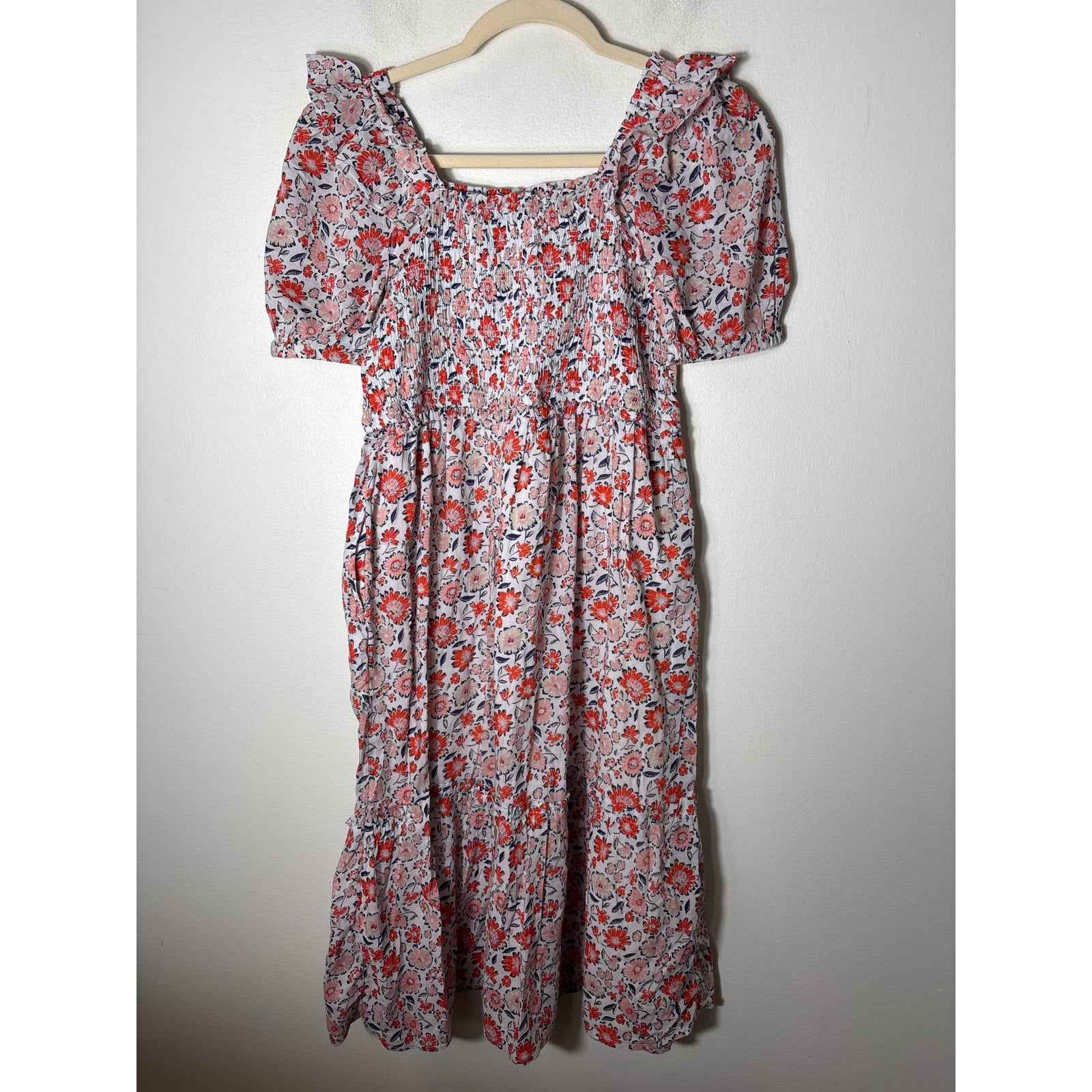 Vineyard Vines Orange Navy Floral Short Sleeve Cotton Smocked Dress Sz L