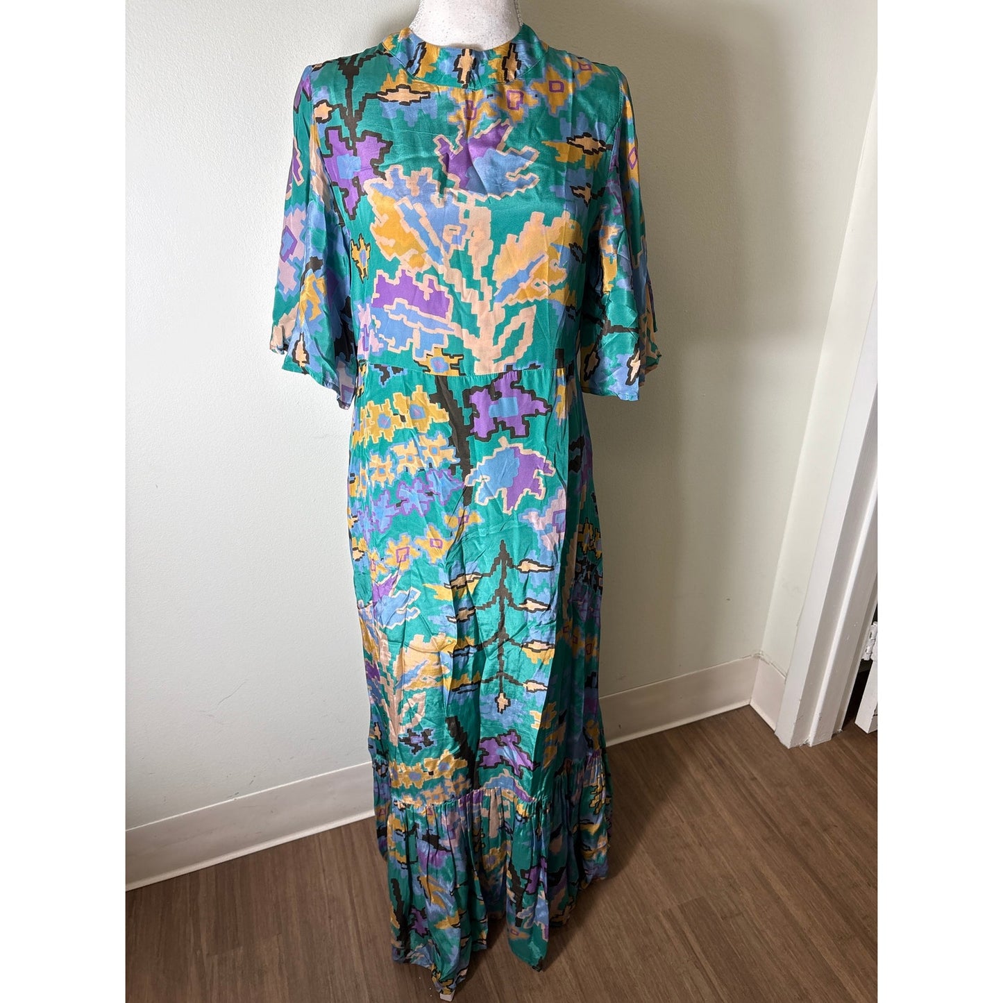Oliphant Green Half Flutter Sleeve Maxi Dress Sz S