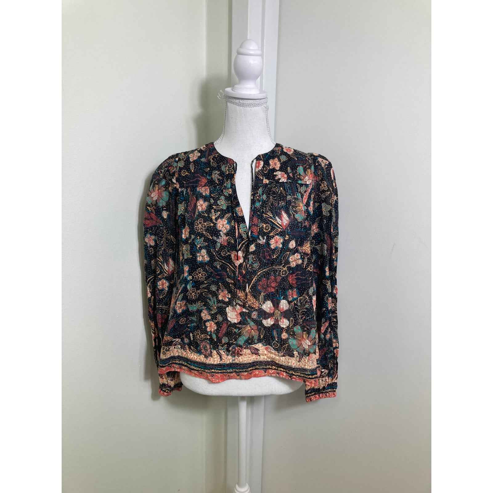 Ulla Johnson Black With Teal/Orange Florals Shirt Sz 4