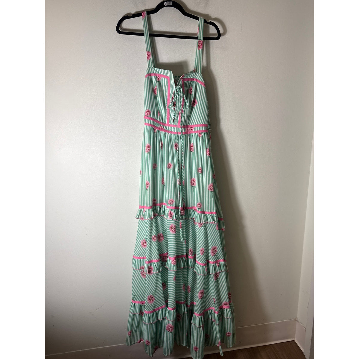 Kleid Pink and Green Floral Strapless Maxi Dress Sz L