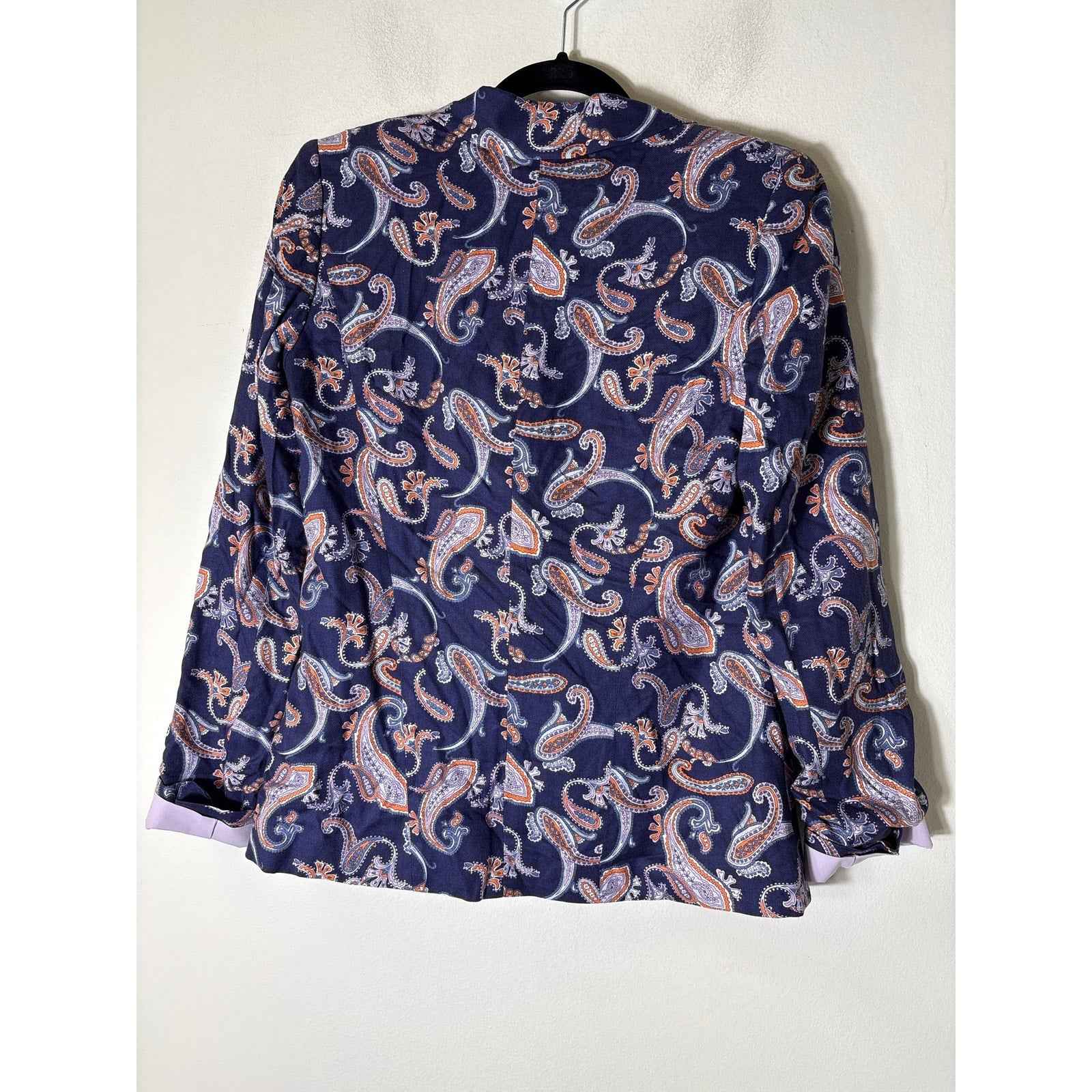 Hinge Navy Blue Orange Paisley One Button Long Sleeve Blazer Sz S