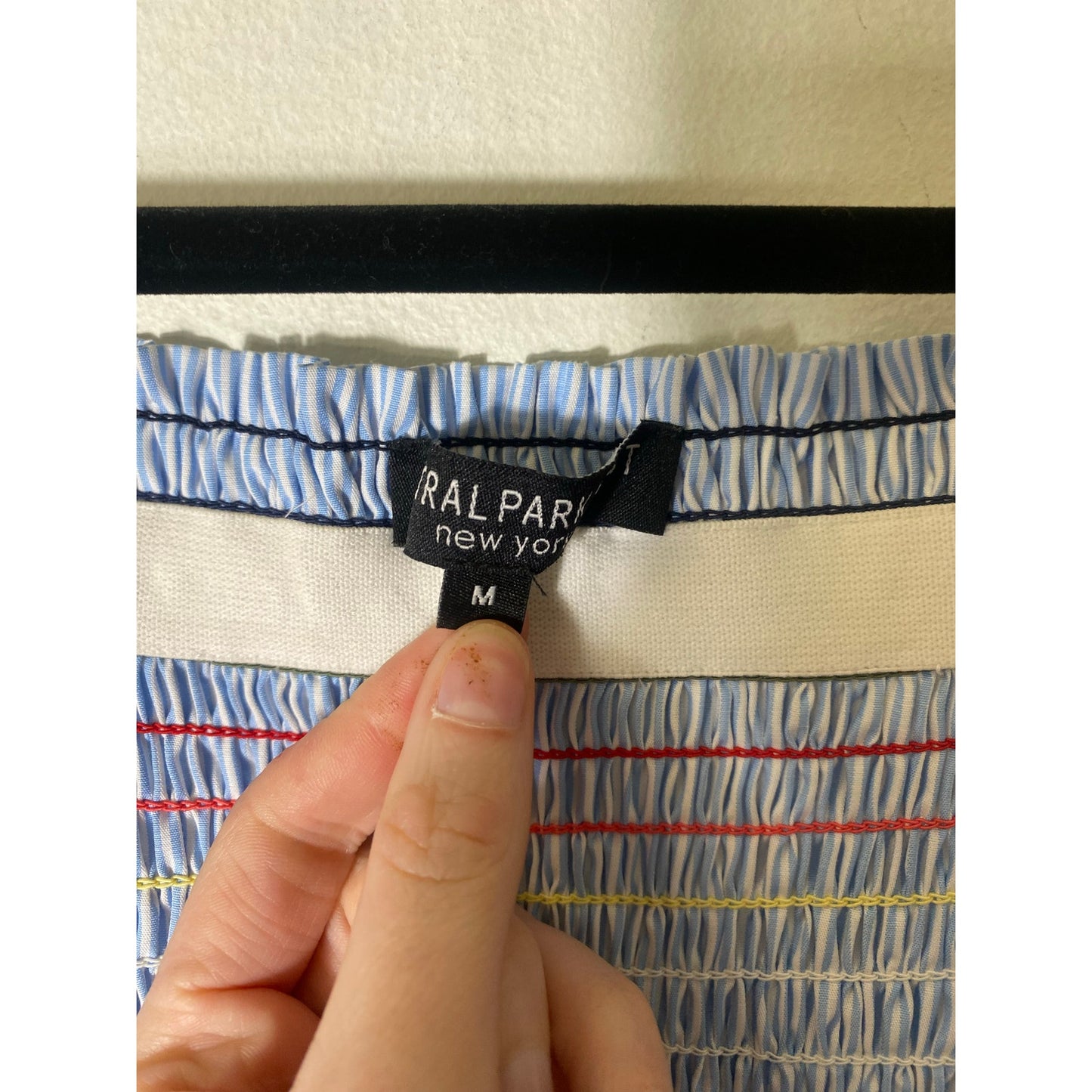 Central Park West Light Blue White Stripe Cold Shoulder Smocked Dress Sz M