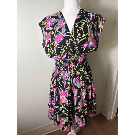 Derek Lam IO Crosby Black Pink Birds Cap Sleeve Knee Length Dress Sz 6