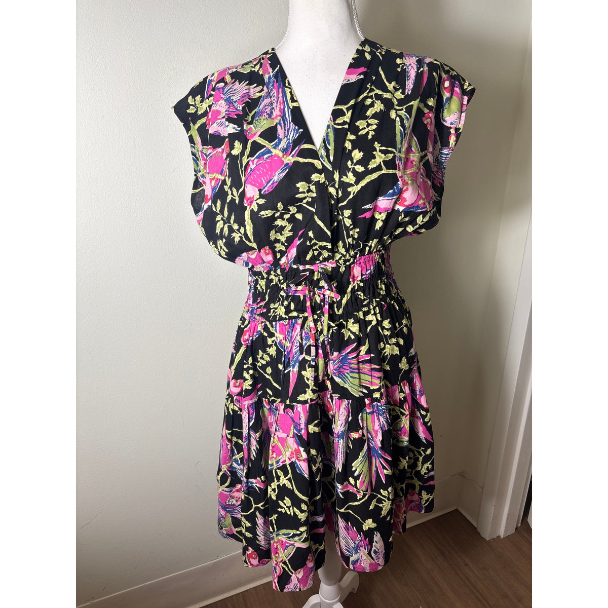 Derek Lam IO Crosby Black Pink Birds Cap Sleeve Knee Length Dress Sz 6