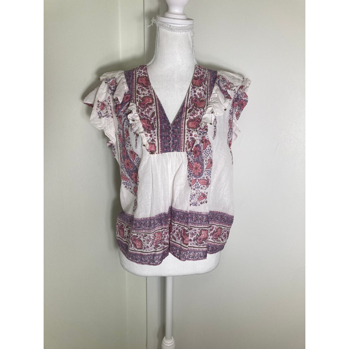 Bell White with Pink and Lavendar Block Print Top Sz M