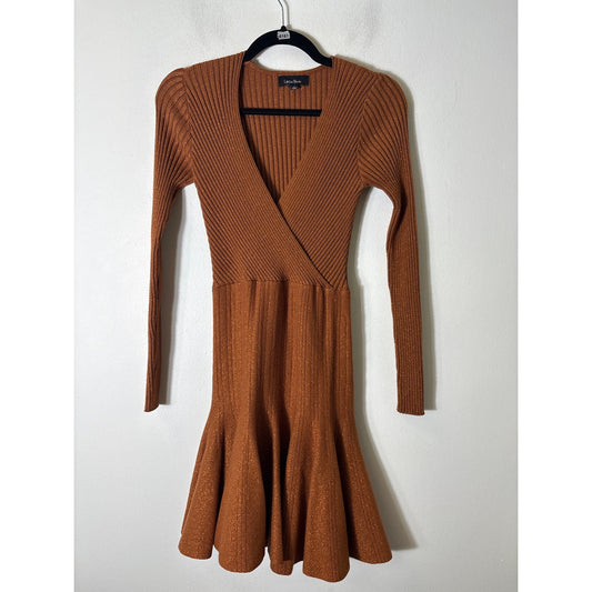 Lea & Viola Brown Shimmer  Ribbed Cross Front Mini Dress Sz M