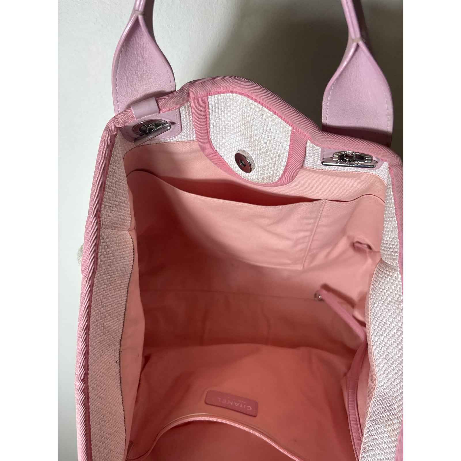 Chanel Deauville Shopping Tote Light Pink Raffia and Canvas Silver Hardware