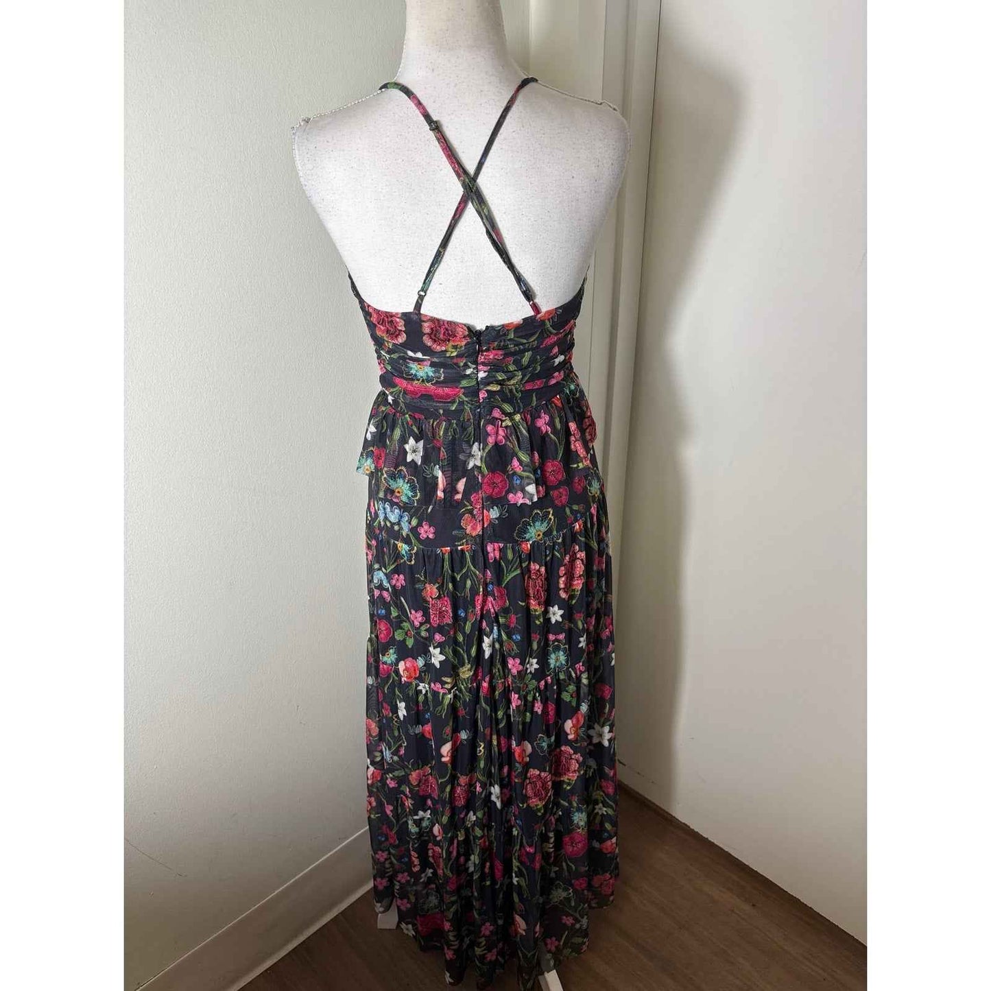 NSR Black Floral Mesh Spaghetti Strap Maxi Dress Sz XS
