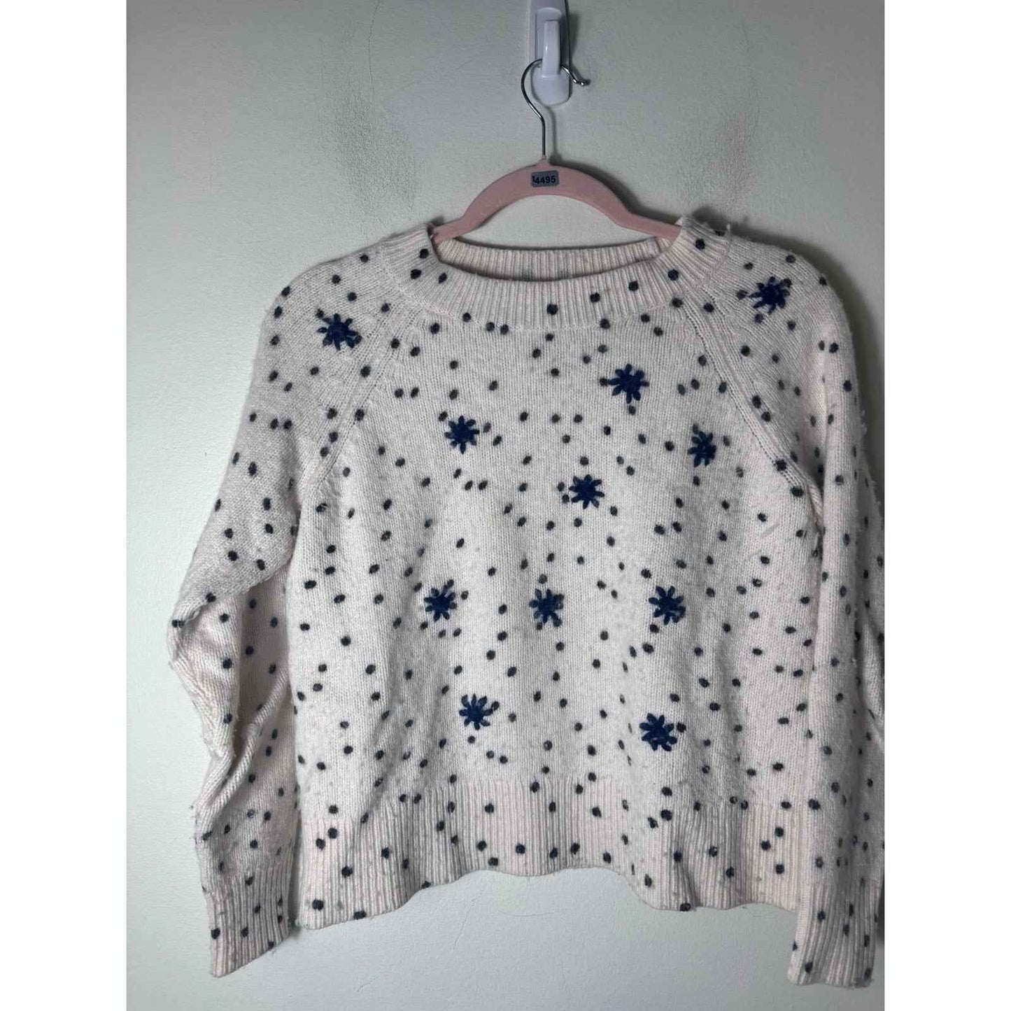 La Vie Rebecca Taylor White Long Sleeve Sweater with Black Polka Dots and Navy Blue Stars Sz M