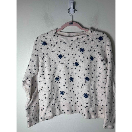 La Vie Rebecca Taylor White Long Sleeve Sweater with Black Polka Dots and Navy Blue Stars Sz M