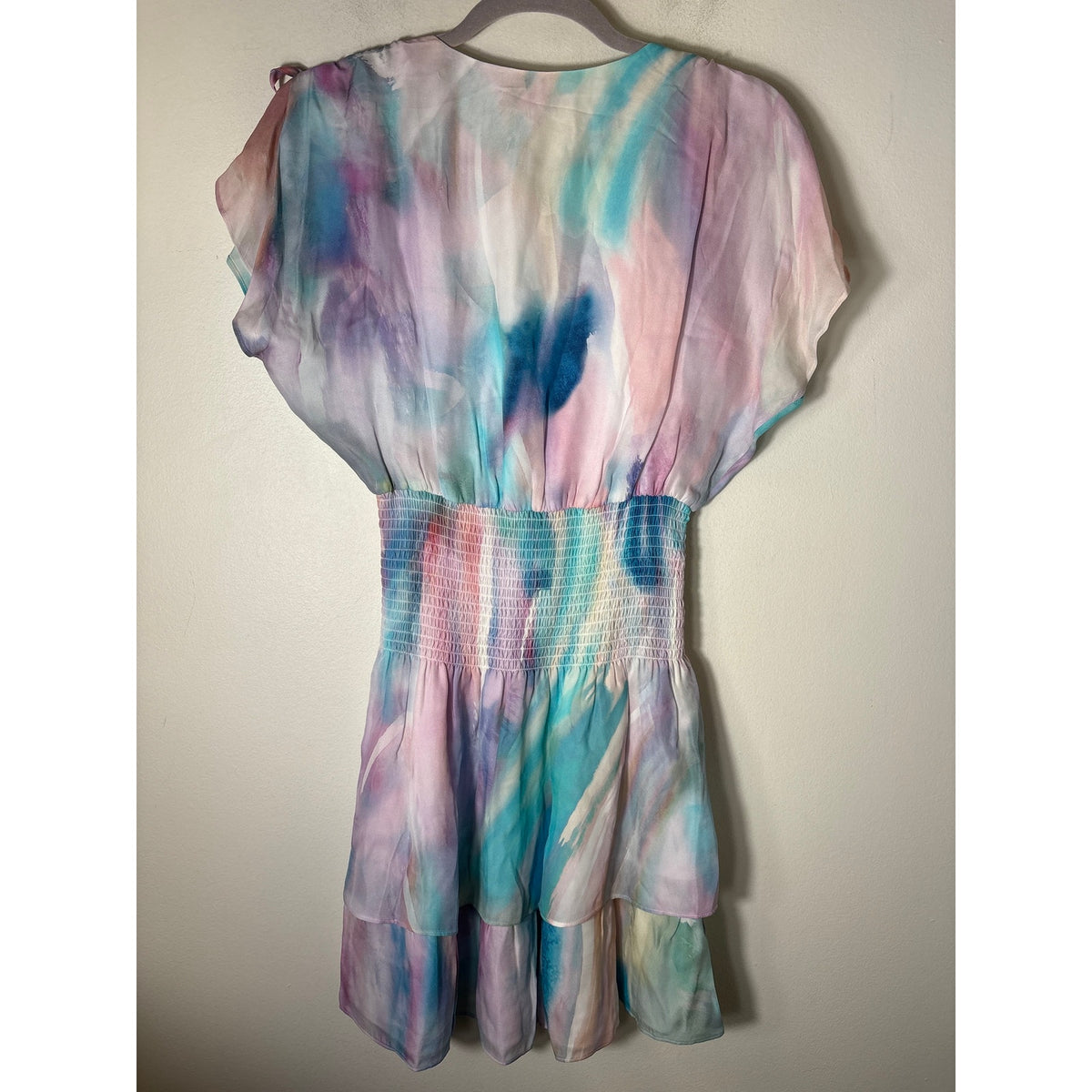 Parker Pastel Watercolor Futter Sleeve Smocked Waist Knee Length Dress Sz S