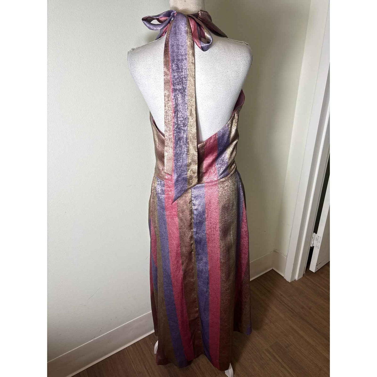 Mestiza Shimmery Pink and Purple Striped Halter Gown Sz 6