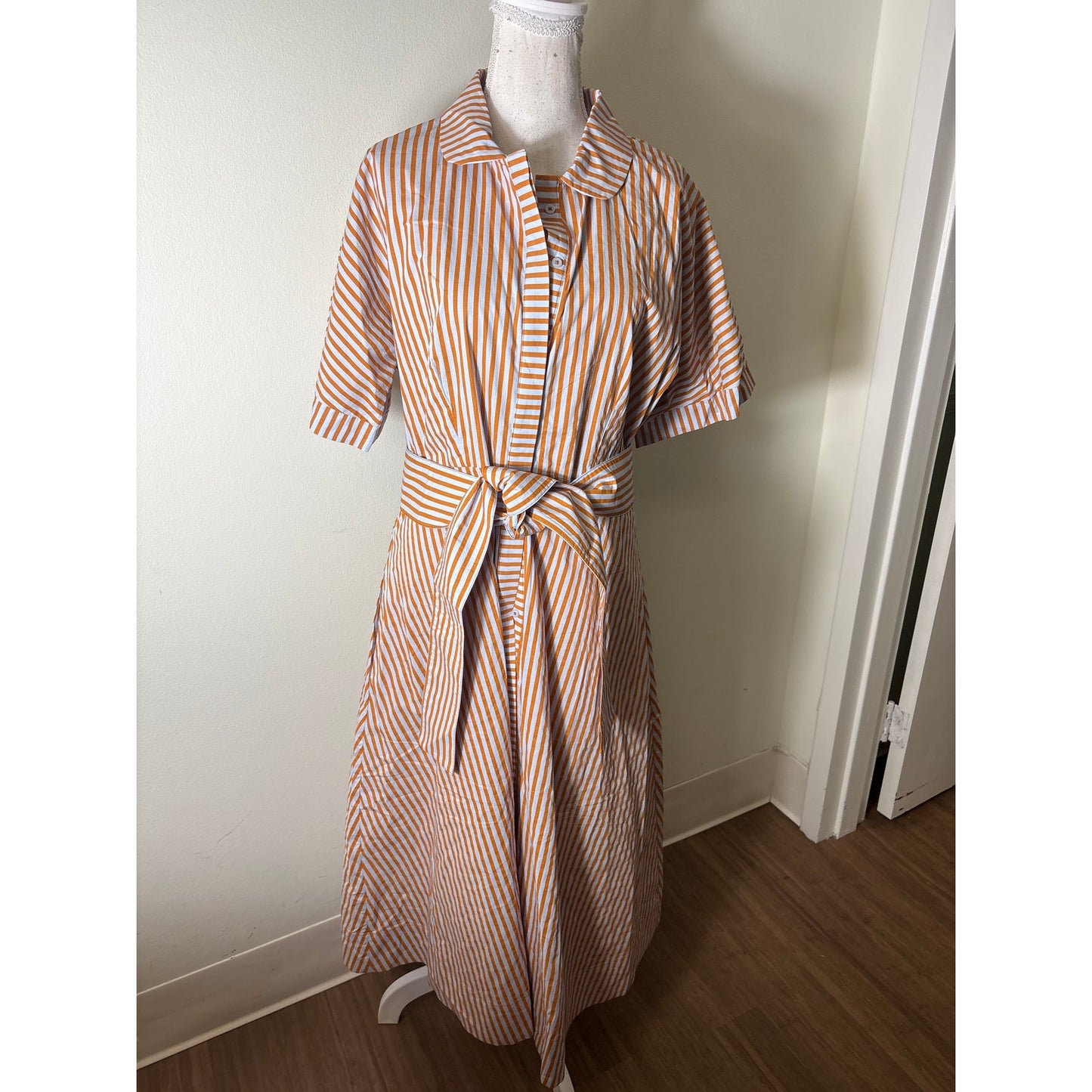 NWT Buru Persimmon Stripe Peter Pan Caollar Day Gown Dress Sz L