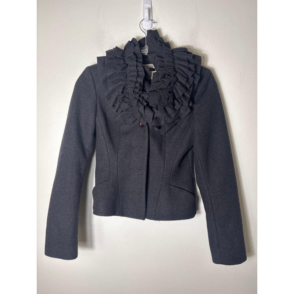 Topshop Black Wool Long Sleeve Cropped Fitted Jacket Sz 2