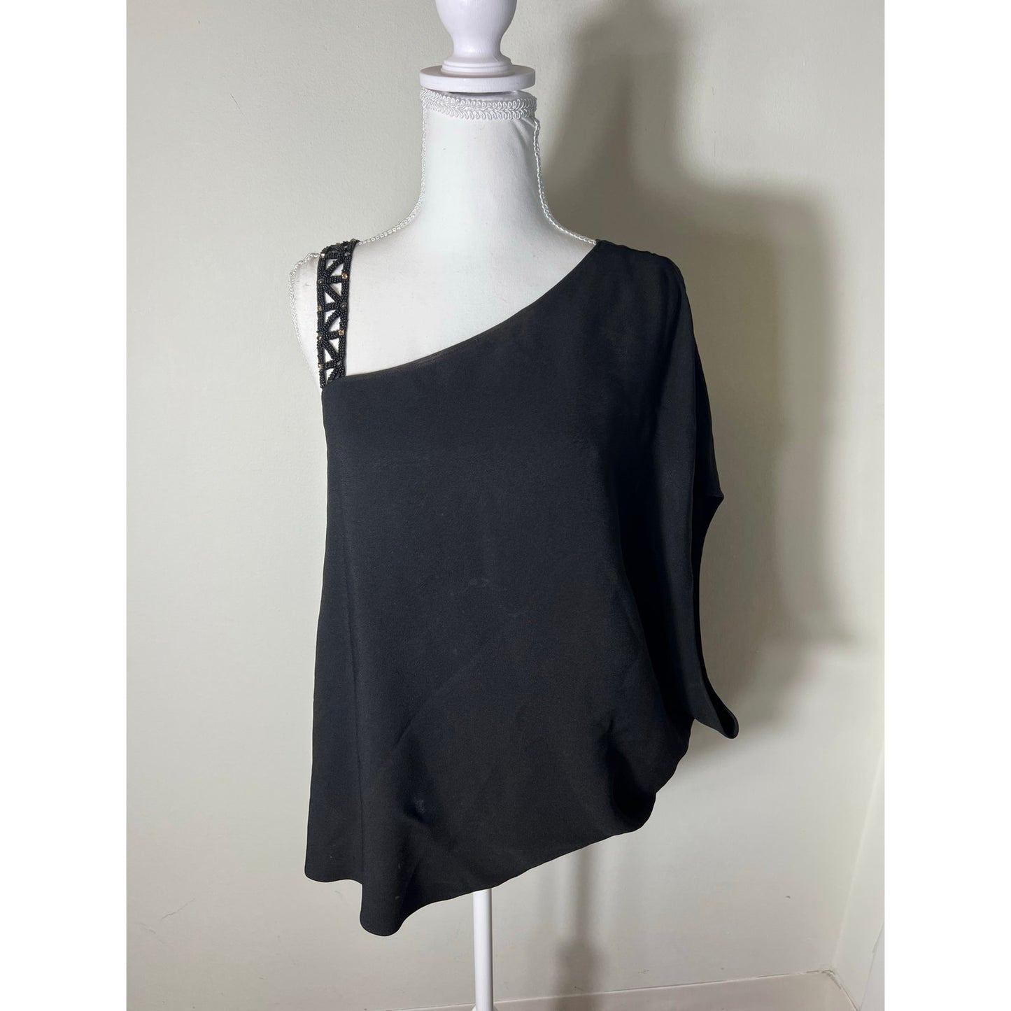 Ramy Brook Black Cocktail Beaded One Shoulder Asymmetrical Top Sz M