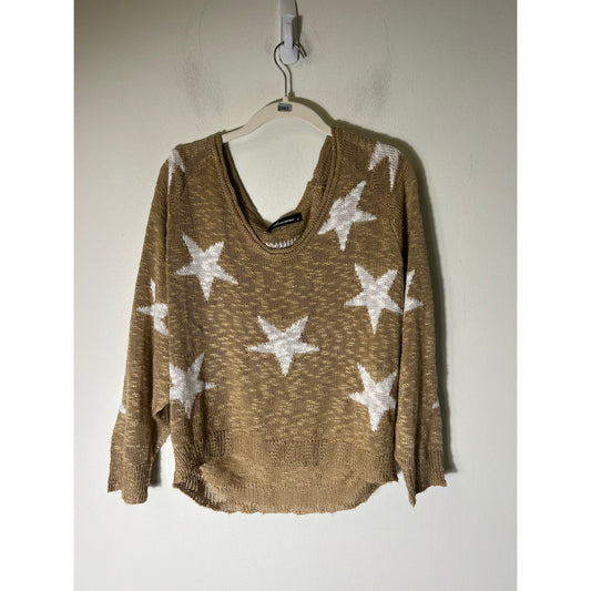 Olivaceous Brown And White Long Sleeve Loose Knit Star Sweater Sz S