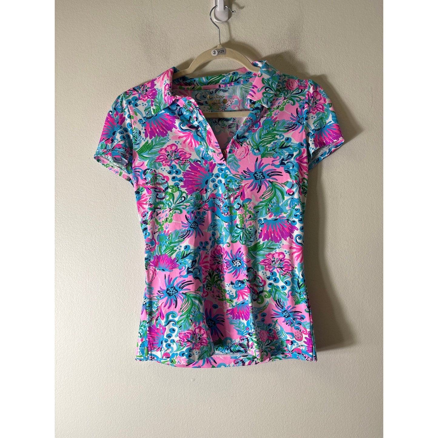 Lilly Pulitzer Pink Aqua Cap Sleeve Golf Shirt Sz XS