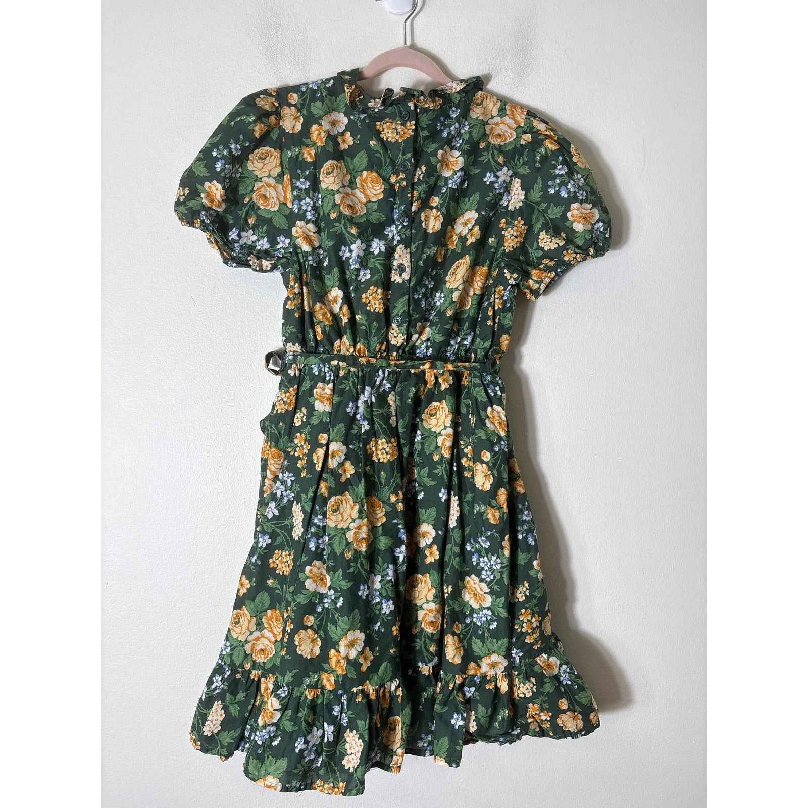 Girls Janie and Jack Green and Yellow Floral Puff Sleeve Dress Sz 14