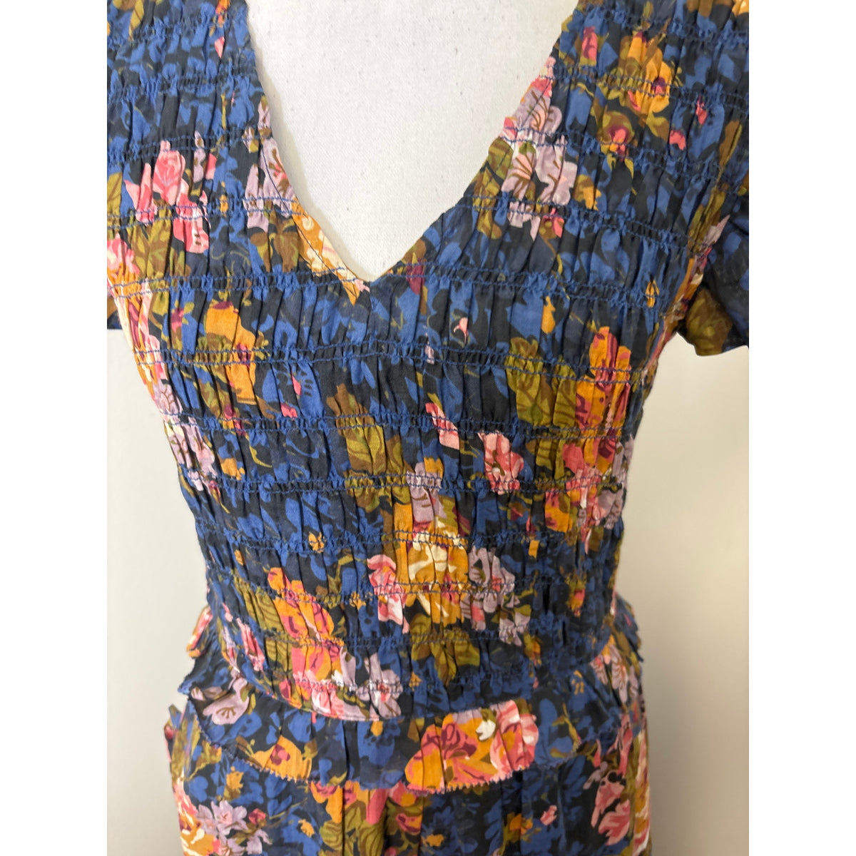 Sea New York Blue Floral Flutter Sleeve Smocked Maxi Dress Sz 8
