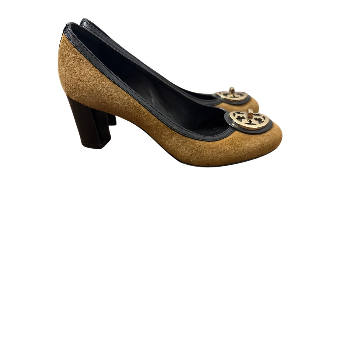 Tory Burch Brown Suede Gold Emblom Heels Sz 8