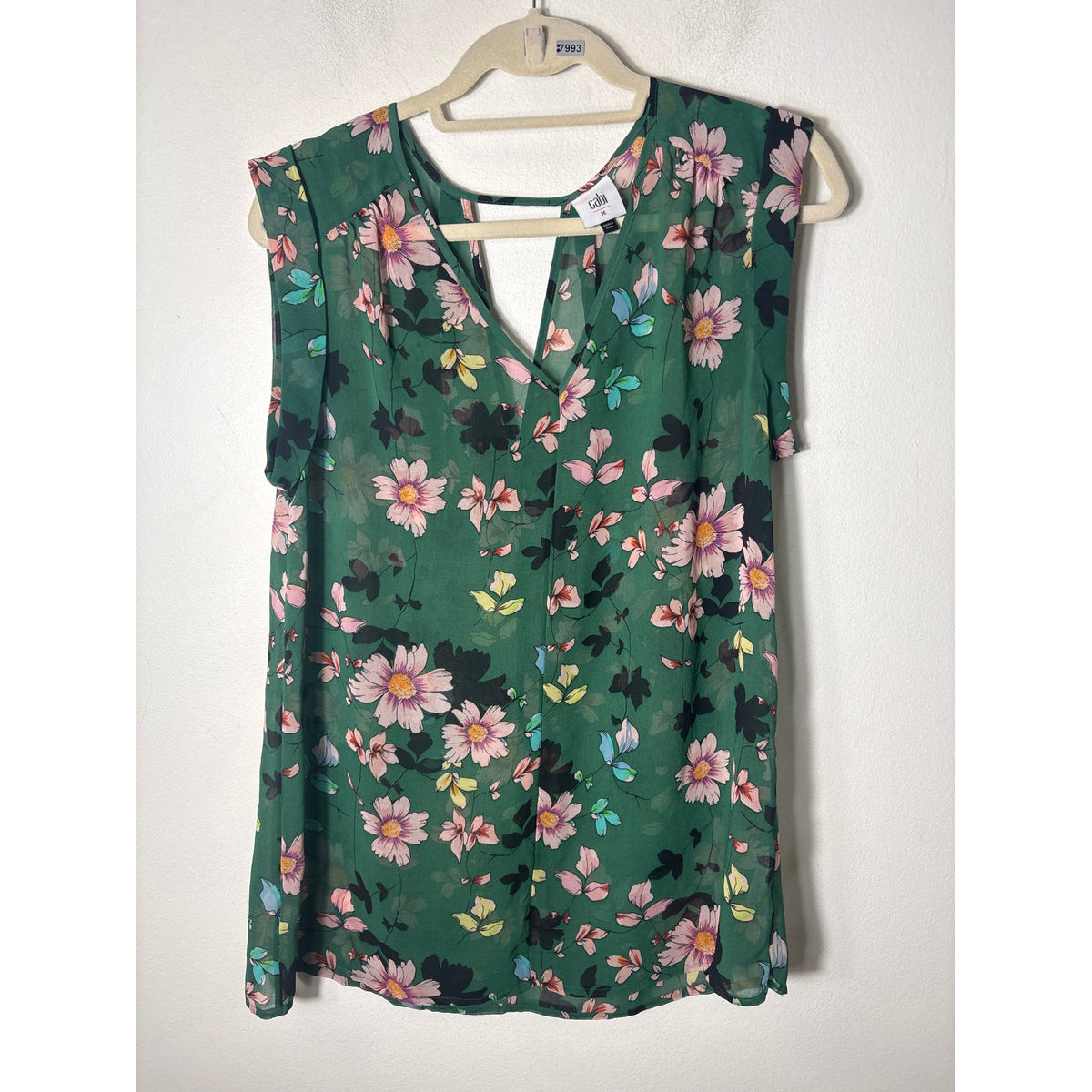 Cabi Green Floral Cap Sleeve Sheer V-Neck Top Sz M