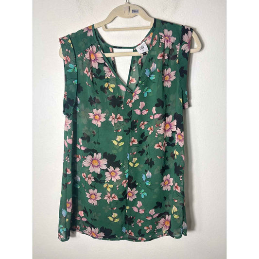 Cabi Green Floral Cap Sleeve Sheer V-Neck Top Sz M