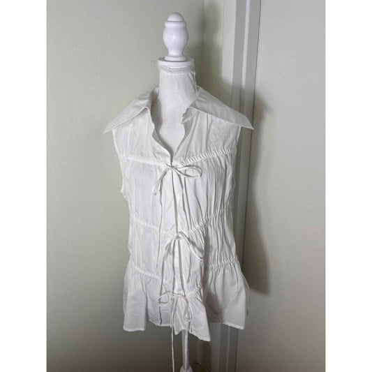 Renaissance Renaissance White Sleeveless Tie Front Shirt with Large Collar Sz 42