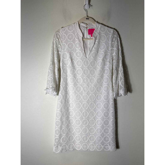 Lilly Pulitzer White 3/4 Bell Sleeve Lace V-Neck Knee Length Dress sz 0