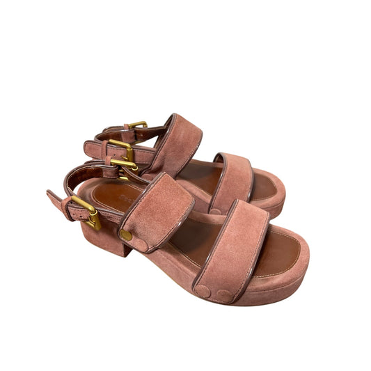 See By Chloe Brown Leather Chunky Heels with Gold Buckle Ankle Strap Sz 38