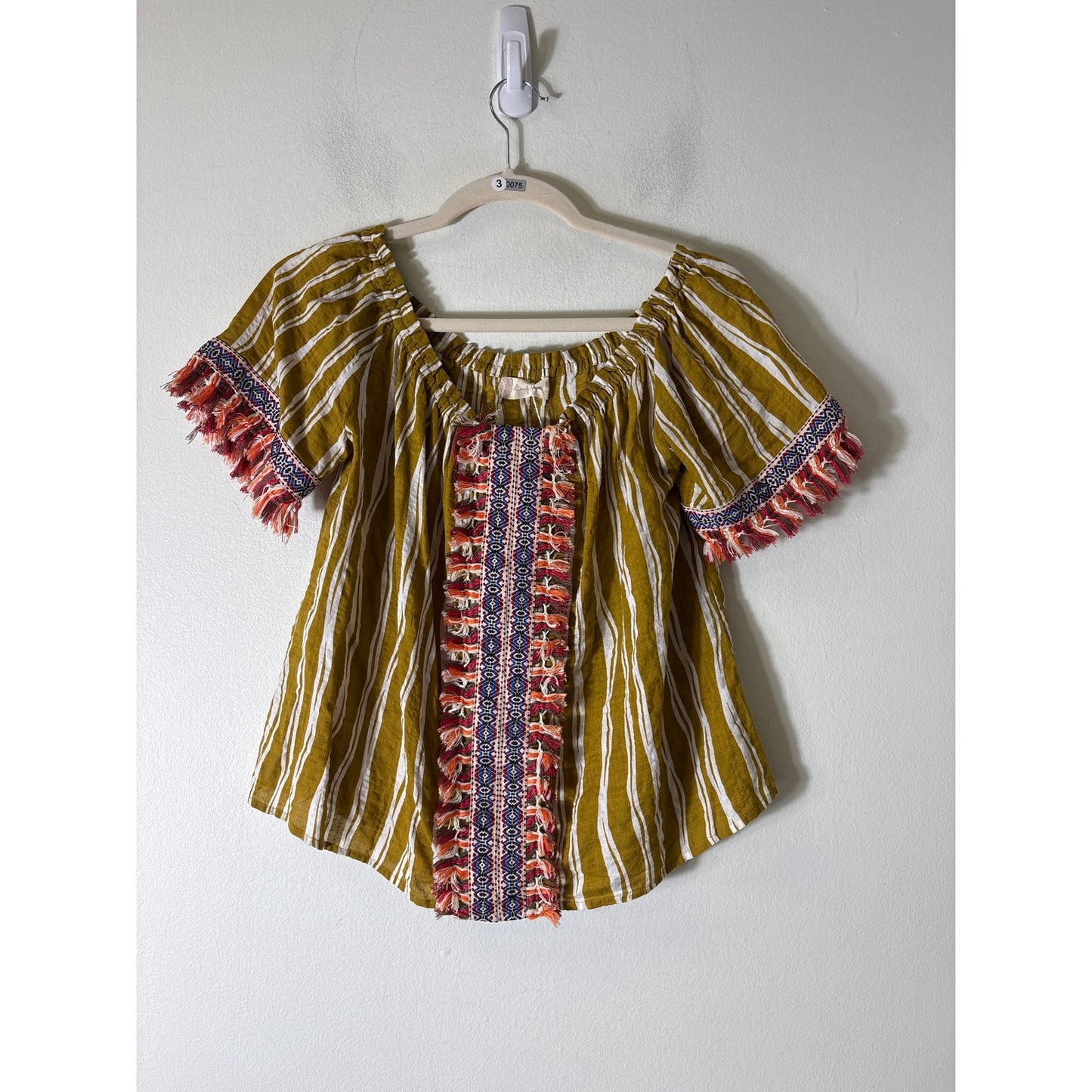 Alter'd State Chartreuse Stripe Short Sleeve Fringed Cotton Top Sz S
