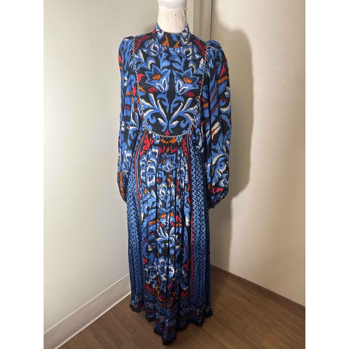 Farm Rio Blue Black and Red Tucan Flowy Maxi Dress Sz XXS