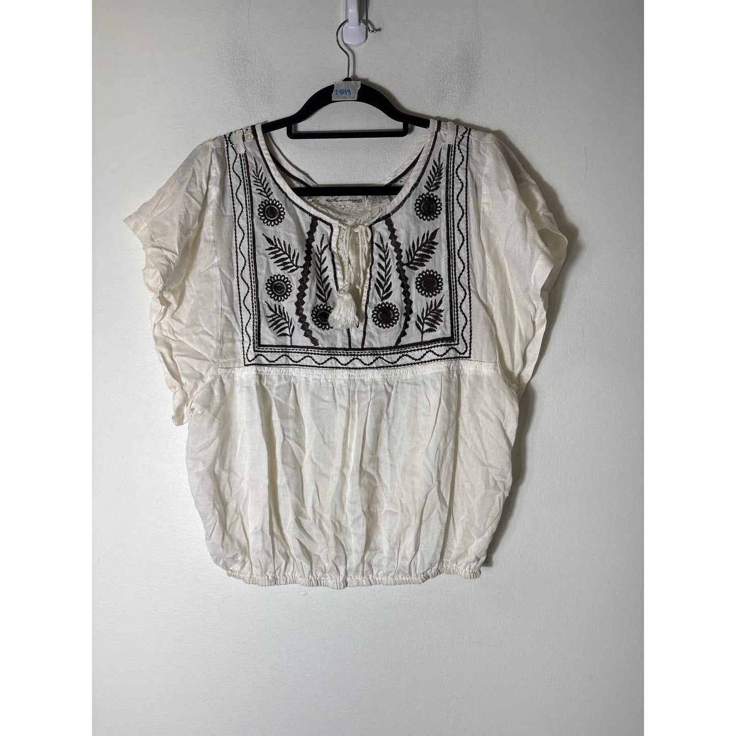Vintage Havana Off White Brown Embroidered Short Sleeve Sz M