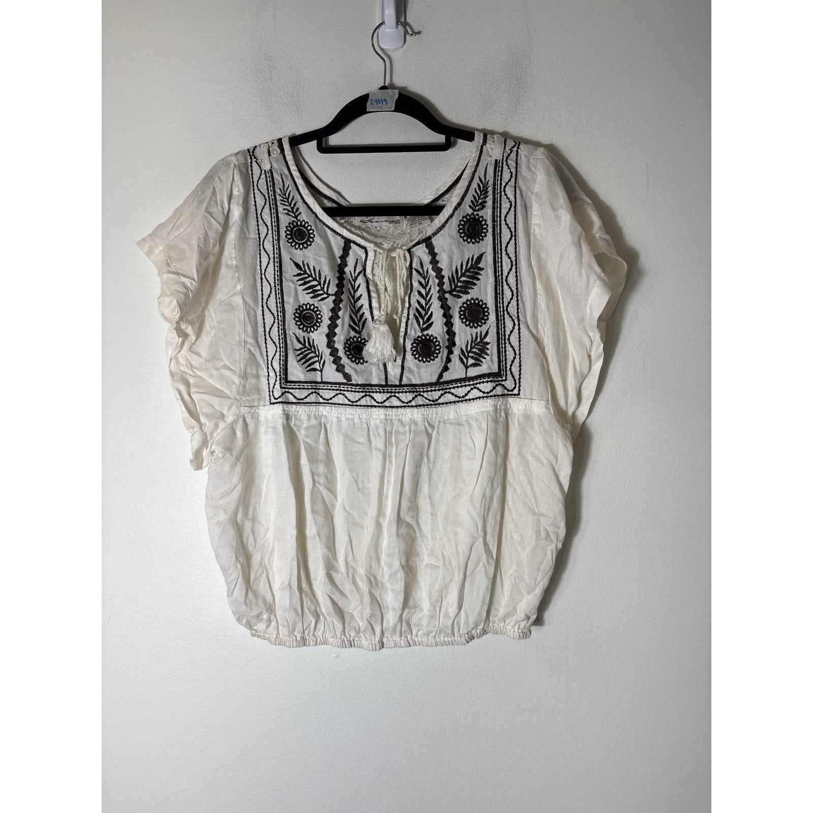 Vintage Havana Off White Brown Embroidered Short Sleeve Sz M