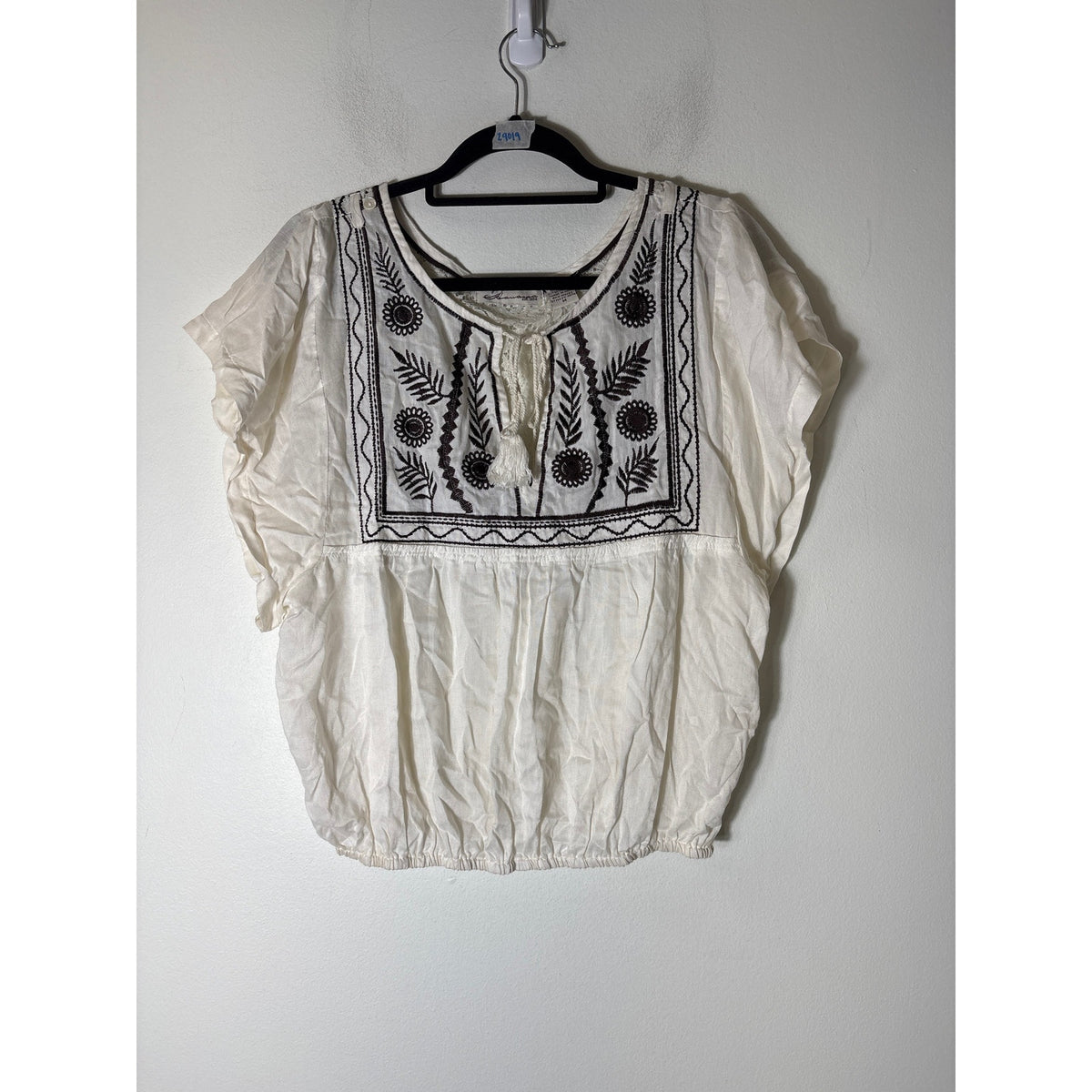 Vintage Havana Off White Brown Embroidered Short Sleeve Sz M