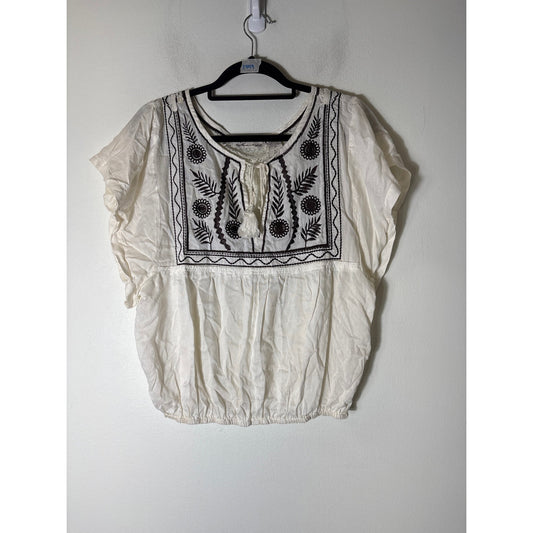 Vintage Havana Off White Brown Embroidered Short Sleeve Sz M