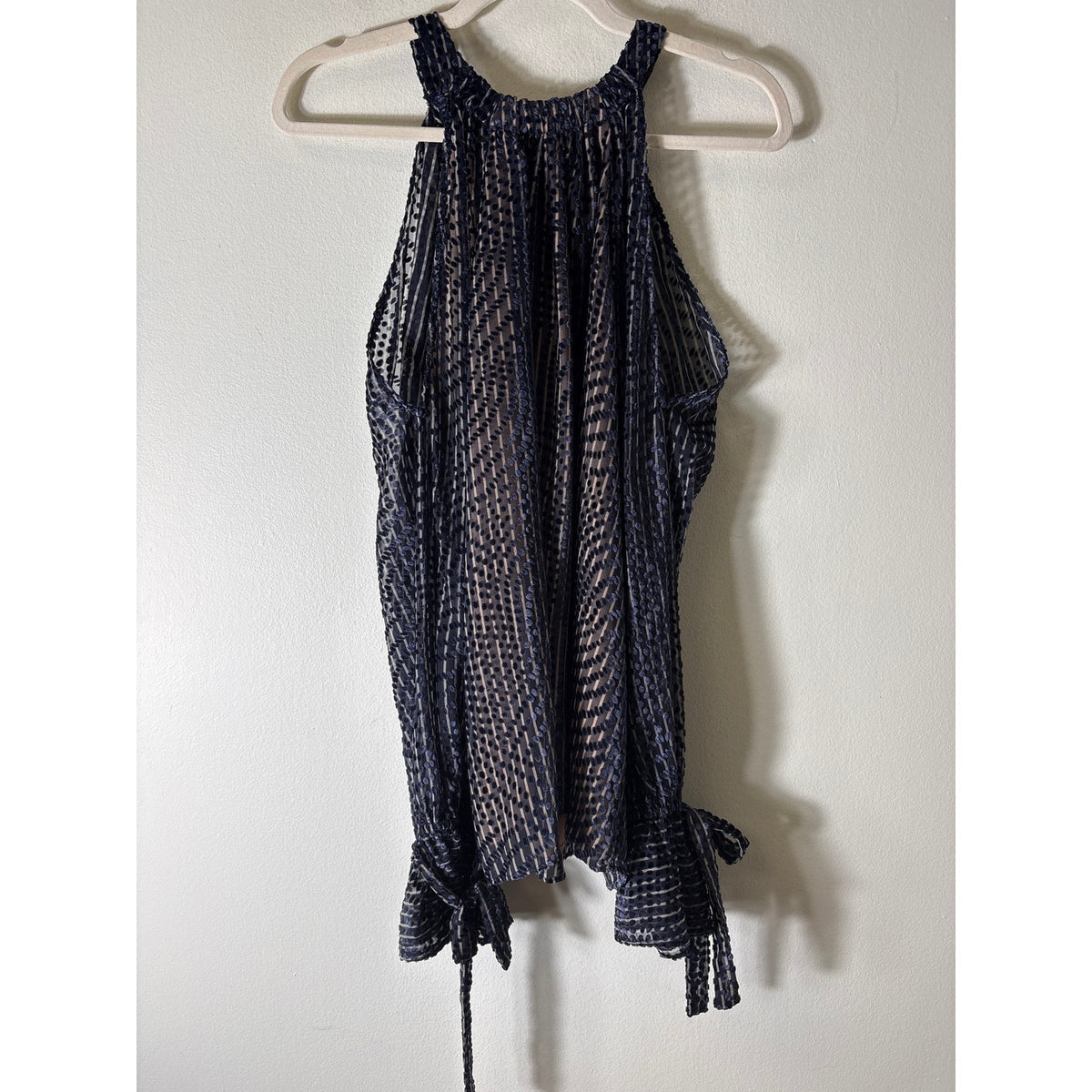 BCBG Navy Sheer Dot Overlay Cold Shoulder Blouse Sz M