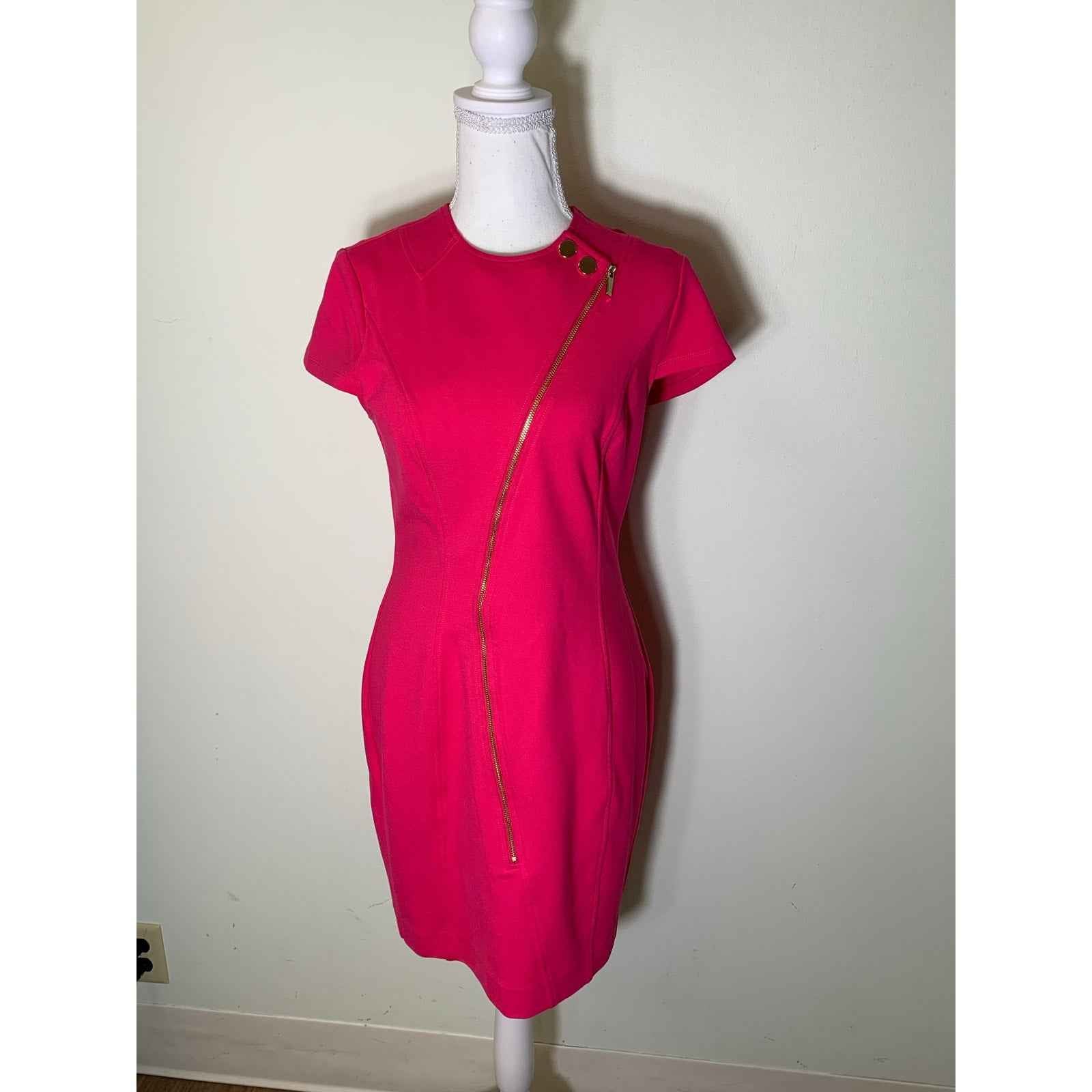 Karen Millen Hot Pink Cap Sleeve Knee Length Sheath Dress with Asymetrical Zip Sz 6