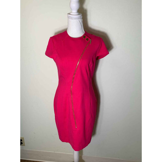 Karen Millen Hot Pink Cap Sleeve Knee Length Sheath Dress with Asymetrical Zip Sz 6