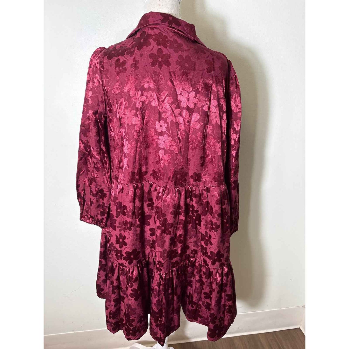 Buru Burgandy Floral Tiered Long Sleeve Baby Doll Dress Sz S