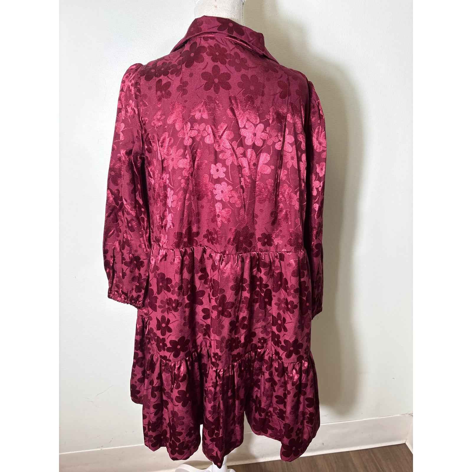 Buru Burgandy Floral Tiered Long Sleeve Baby Doll Dress Sz S